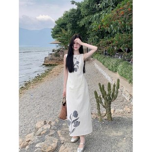 简单大方女神无袖 长裙 连衣裙女夏设计感小众印花漂亮独特气质法式