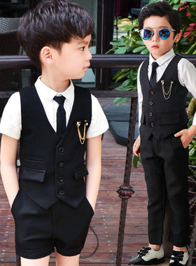 儿童西装套装男童正装秋季男孩婚礼花童礼服帅气黑色主持人演出服