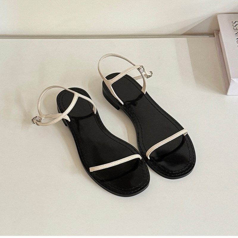 2025夏季新款韩版一字扣带平底低跟凉鞋女真皮沙滩露趾休闲凉拖鞋,女鞋,一字带凉鞋,淘宝优惠券,粉丝福利购,淘宝优惠卷