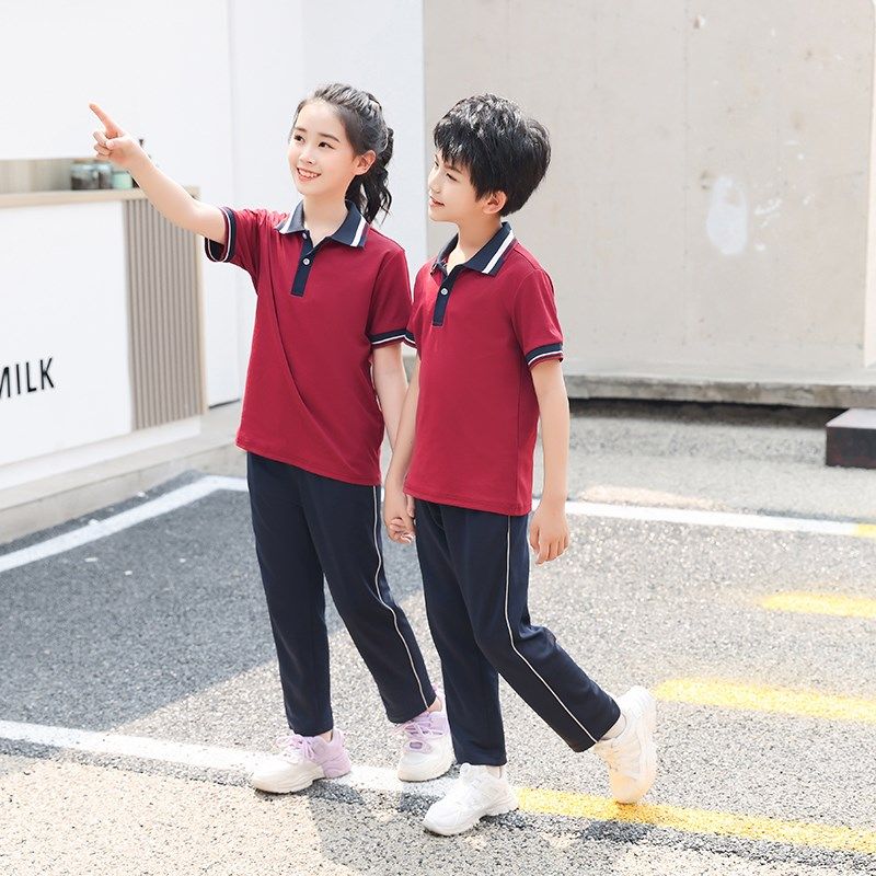 新品夏季红色儿童校服套装初高中班服小学生棉短袖T恤长裤两件套