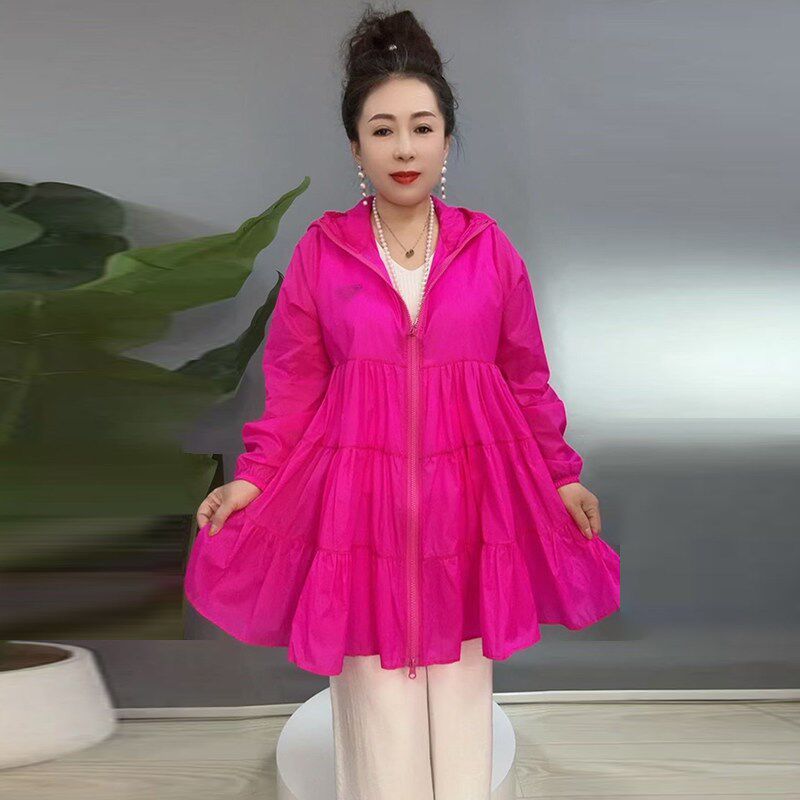 大码轻薄防晒衣女中长款2025夏季韩版宽松连帽外套裙摆式防晒服女