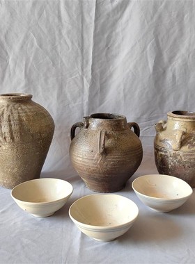 民俗老旧花瓶陶瓷摆件手工粗陶罐酒坛白碗影视道具摆件老物件