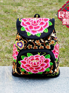 2021新款民族风绣花包包刺绣休闲帆布小孩女士学生书包背包双肩包