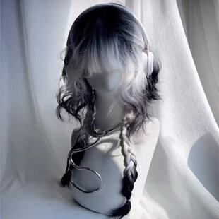 惠染假发女麻花辫黑白渐层水母头高层次公主切自然彷真人发全头套