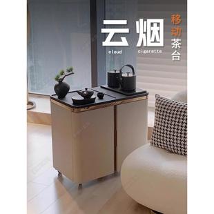 意式极简马鞍皮边柜高级感小推车轻奢阳台家用乌金石茶台移动茶桌
