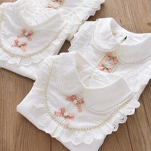 公主衫纯棉女童打底衫儿童翻领蕾丝花边K大翻领衬衣儿童立领T恤新