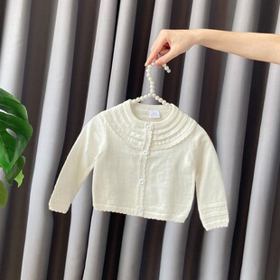 女宝宝毛衣春秋装薄款纯棉婴儿针织衫外套洋N气女童开衫白色毛线