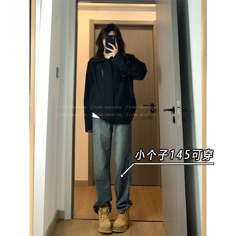 高腰复古牛仔裤女春秋小个子梨形身材宽松显瘦直筒阔W腿拖地裤子