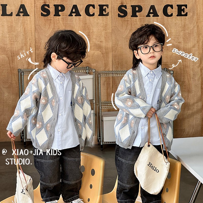 奶蓝熊~儿童春装学院风针织衫开衫男童女童洋气毛衣Y薄款春秋外套