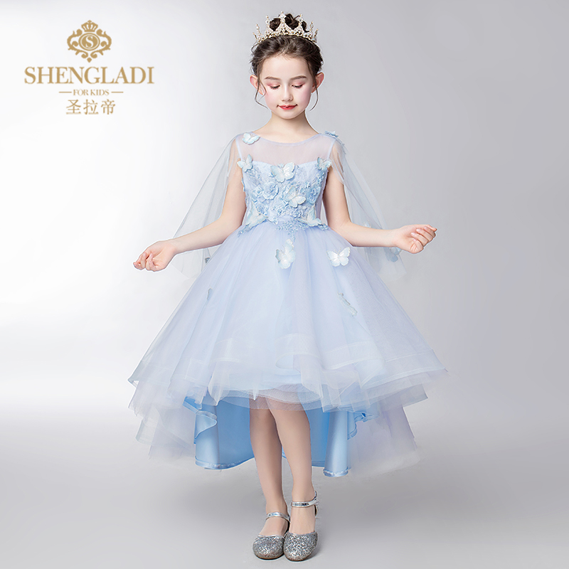 花童礼服女e儿童婚纱女童公主裙蓝色蓬蓬纱生日小主持人走秀演出