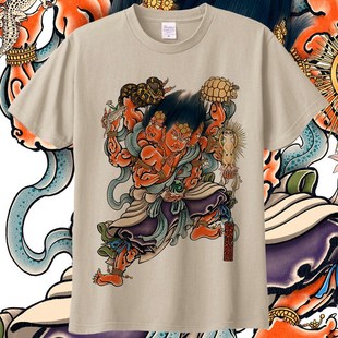 阿秀罗纹短袖t恤浮世绘纯棉染色圆领男女家庭穿半袖底衫