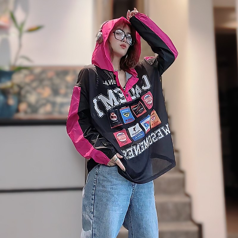 连帽长袖aT恤撞色防晒字母上衣欧货潮流时尚拼接网纱宽松中长款帽