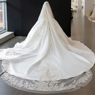新娘头纱长款蕾丝大拖尾遮面婚纱礼服婚礼仪式复古白色花边拍照款