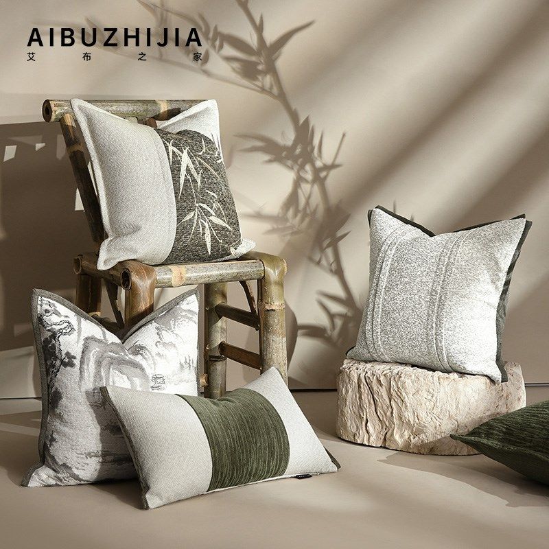 新中式简约干净绿色白色抱枕组合复古客厅靠垫沙发靠腰枕套手工