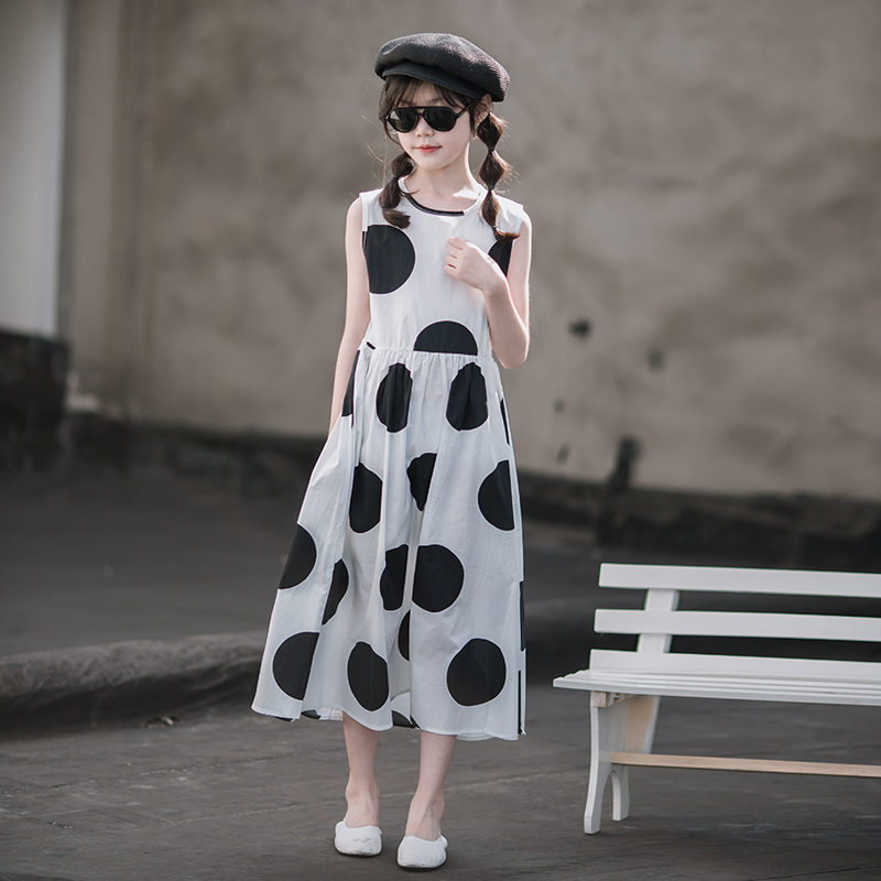 女童夏装连衣裙文艺小清新长款背A心裙大童女装亲子装母女波点长