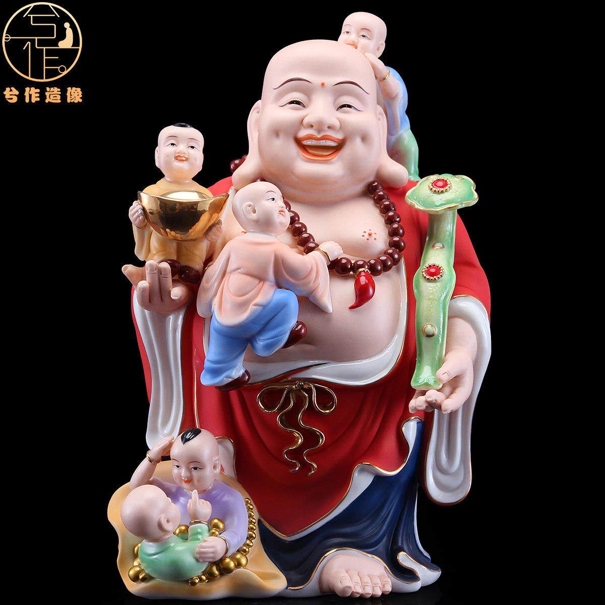本器德化陶瓷满彩五子弥勒佛佛像笑佛招财中式工艺品供奉礼品摆件