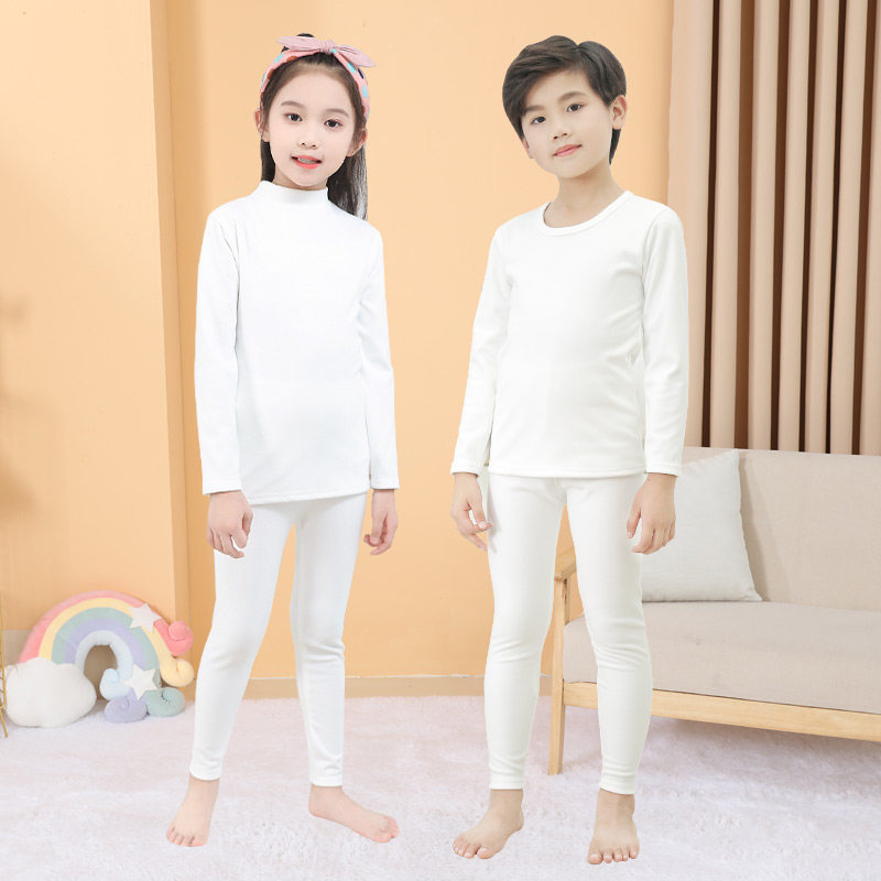 加绒儿童保暖内衣套装男童秋衣秋裤女F童纯白色活动紧身打底加厚