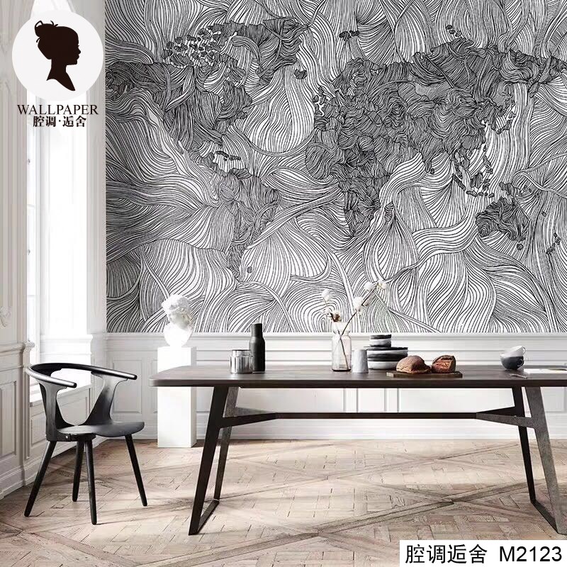 腔调欧式线条抽象流水艺术玄关壁画客E厅酒店壁纸民宿客厅M2123