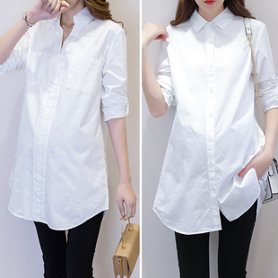 中长款 纯棉孕妇白衬衫 宽松上衣春夏职业工作打底衬衣 翻领长袖 春装