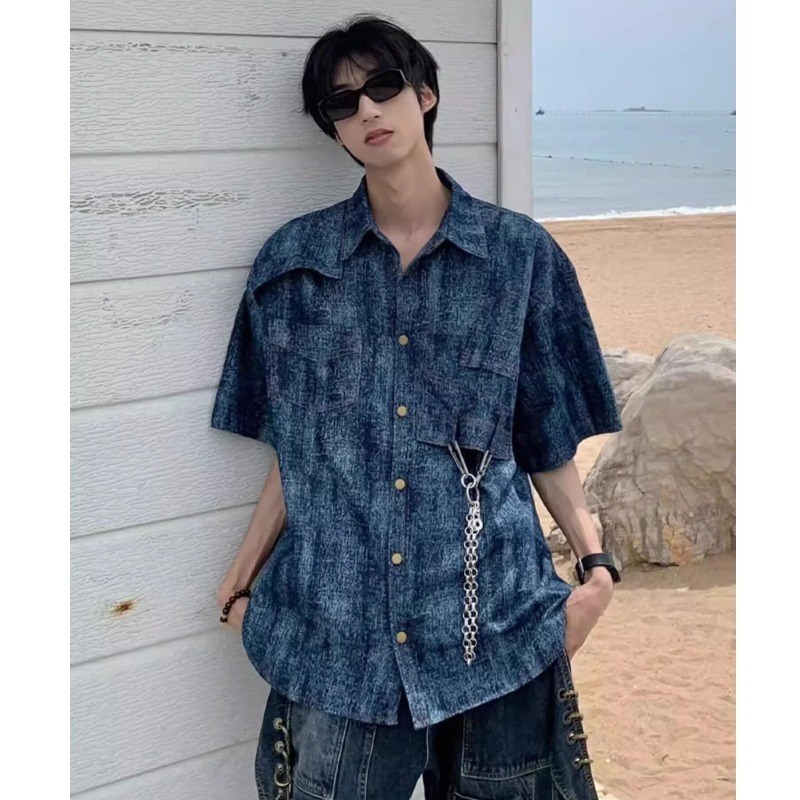 水洗扎染渐变g垫肩衬衫男美式复古廓形高级感小众设计感短袖衬衣