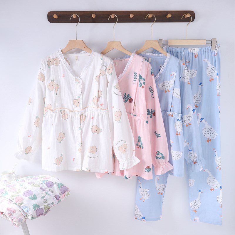 夏纯棉双层纱布月子服哺乳产后喂奶孕妇睡衣V领全V棉开衫侧开吸汗