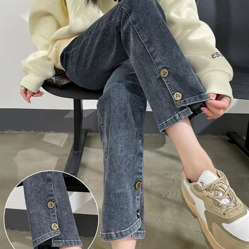 大码加绒牛仔裤女2023春季新款胖妹妹高腰显瘦小个子九分烟管裤子