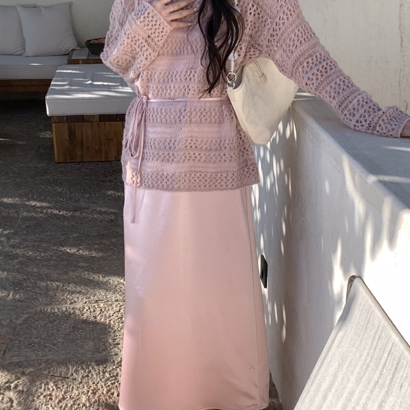 温柔风两件套连衣裙女春季镂空防晒针织衫+打底吊带套装裙新品