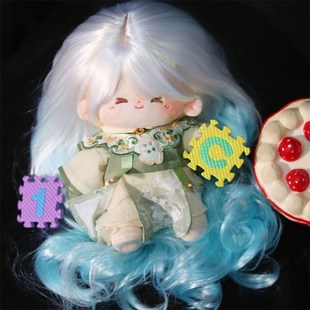 20CM棉花娃娃假发柔软丝白绿色渐变长卷发人形玩偶公仔假头套代发