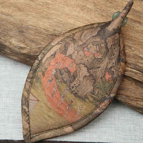 手工创意竹编缎面印花树叶形茶则簸箕茶则