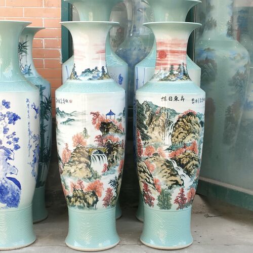 手绘陶瓷落地大花瓶手工雕刻青釉梅兰竹菊装饰花瓶庆典开业礼品
