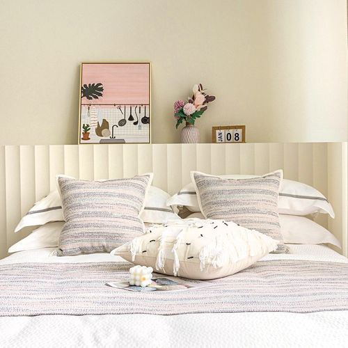 侘寂风民宿酒店床旗床尾巾粉蓝色抱枕靠垫现代简约样板间床盖搭毯