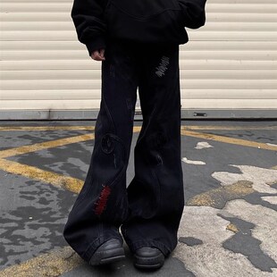 美式复古小众刺绣拼接重磅牛仔裤男女亚比做旧微喇拖地阔腿长裤子