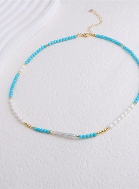 天然绿松石小银条淡水珍珠项链女轻奢小众天然珍珠锁骨链百搭时尚