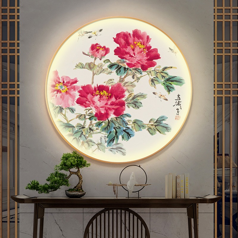国画牡丹圆形挂画带灯入户玄关壁画花开富贵客厅沙V发背景墙装饰图片