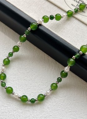 新中式绿色玉髓串珠珍珠项链清新显白气质简约个性百搭颈链锁骨链