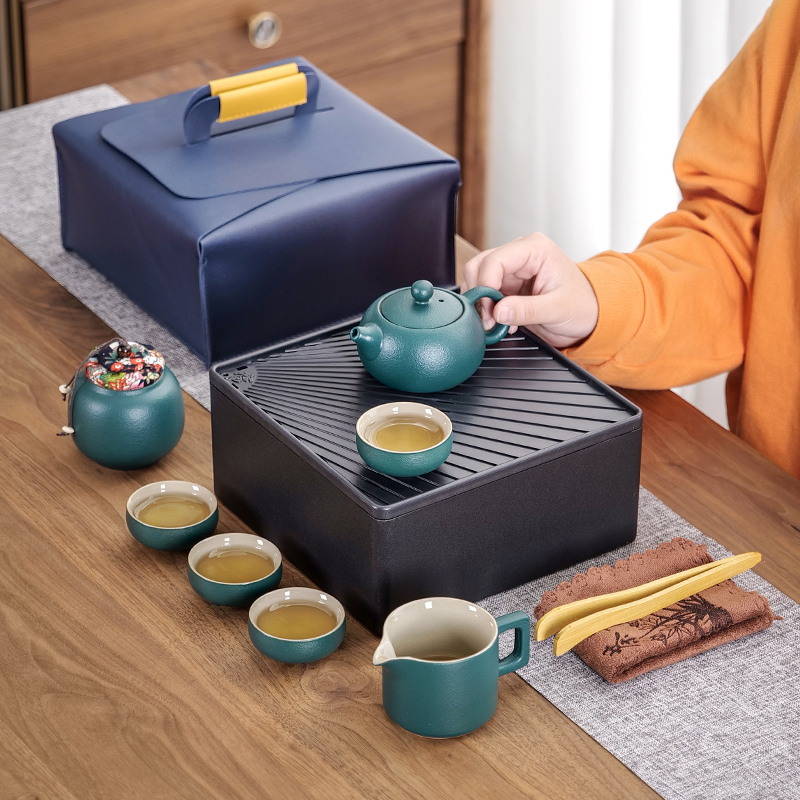 侧把小套茶具套装陶瓷旅行茶具一壶四H杯家用便携包随身茶盘泡茶