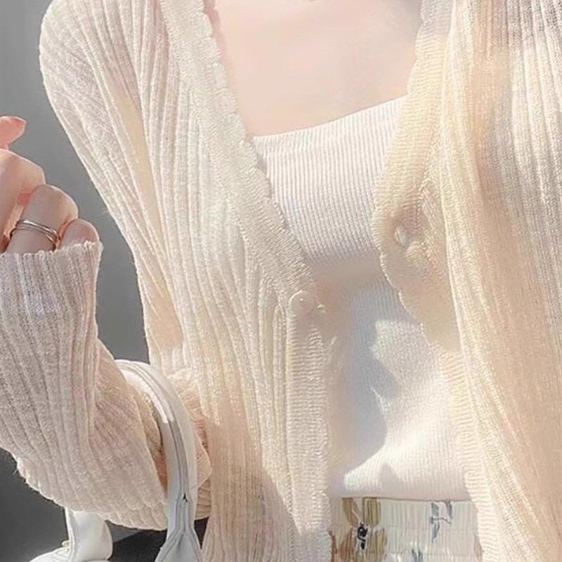 薄款针织冰丝防晒开衫女夏季配吊带裙子慵懒空调衫奶杏色披肩外套图片
