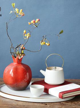 新中式红色陶瓷石榴花瓶花艺摆件茶壶托盘套装茶几桌面景观工艺品