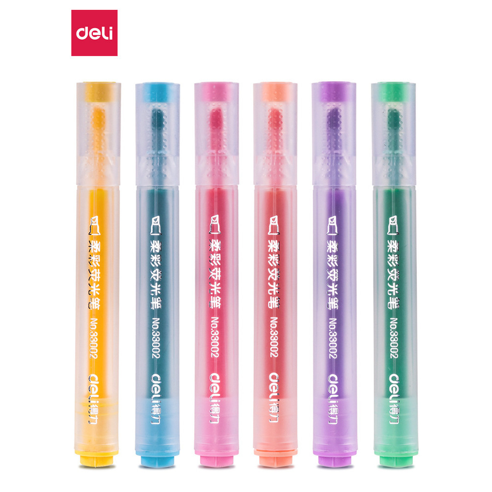 新款得力33002 6色装柔彩荧光笔淡色系粗斜头中小学生彩色记号笔