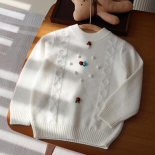 儿童纯山羊绒衫100女童宝宝新款白色手工绣花套头打底女孩高端