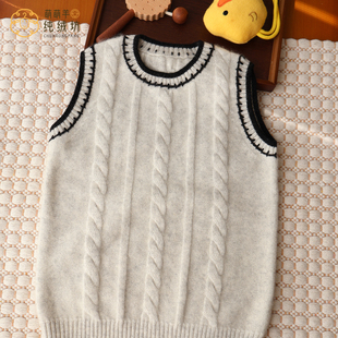 男宝宝纯羊绒马甲女童100山羊绒针织背心保暖学院风加厚洪叶云台