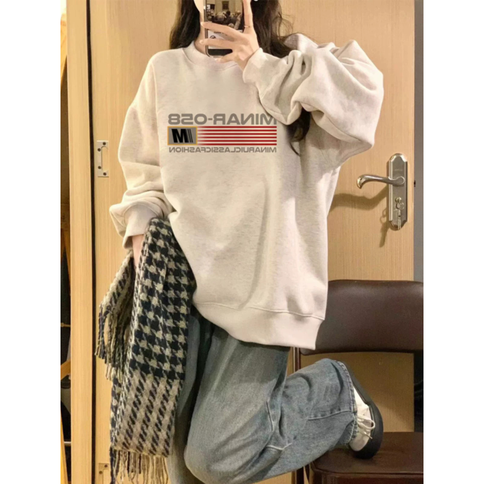 圆领花灰色重磅纯棉卫衣女士春秋薄款宽松慵懒风oversize美式上衣