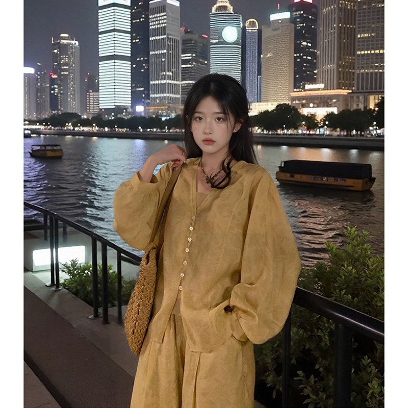 国色芳华 新中式套装女衬衫吊带长裤装春夏季新款慵懒国风三件套