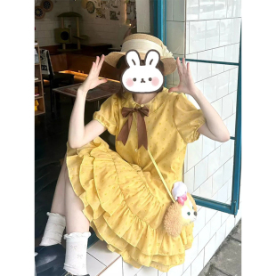 2025新款 日系甜美可爱多巴胺连衣裙女夏季 小个子娃娃领黄色连衣裙