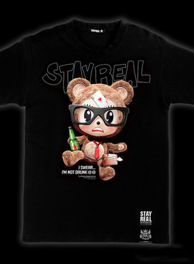 五月天阿信同款潮牌stayreal歪腰熊t恤 黑色短袖休闲情侣款男女