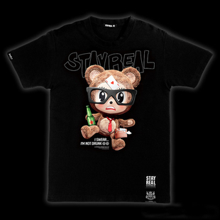 五月天阿信同款潮牌stayreal歪腰熊t恤 黑色短袖休闲情侣款男女