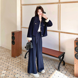 【上新】藏青拼接条子仿牛仔裤子两件套2C079-2615-p180-k288，女装套装/套裙，2C079