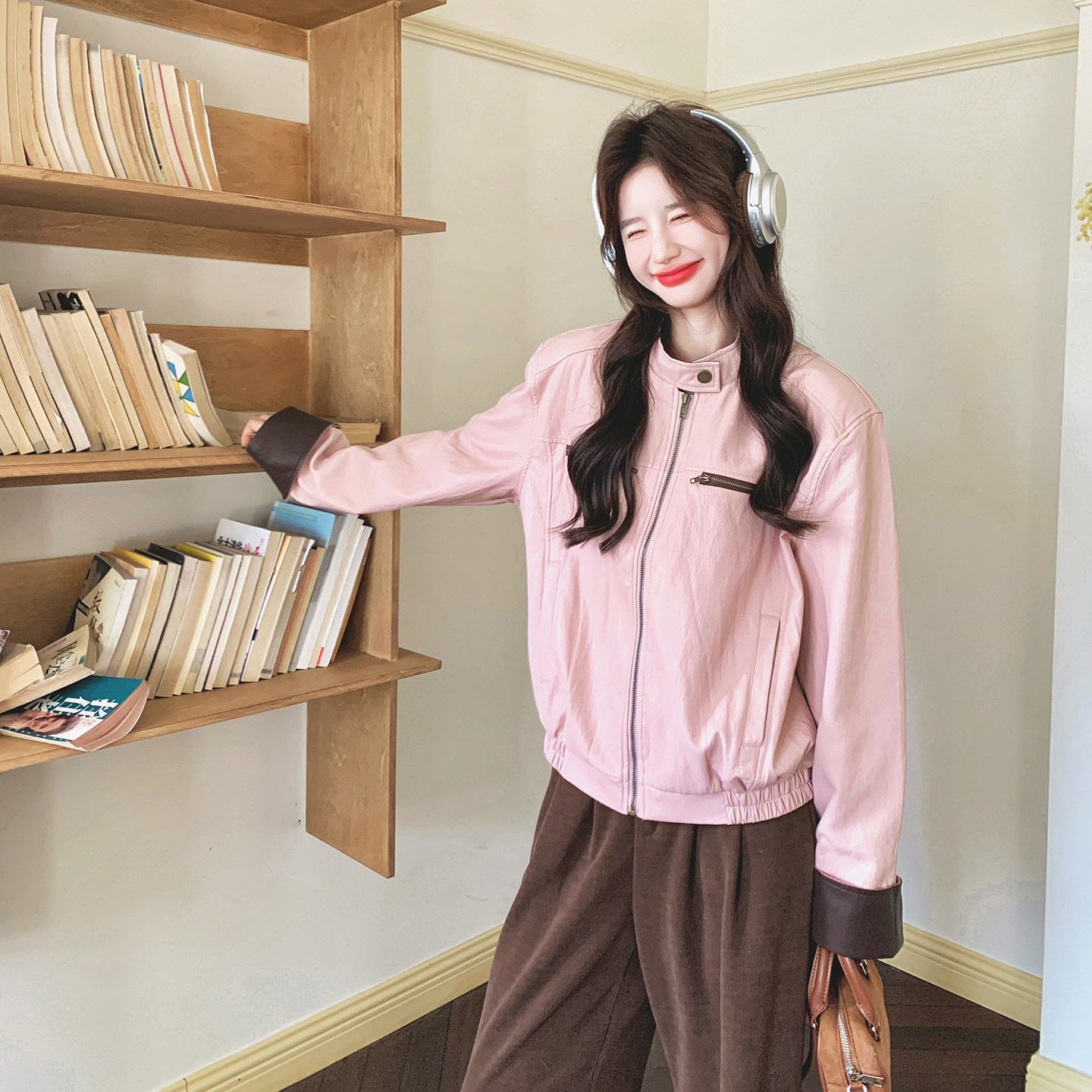 【上新！】粉色拼接咖色皮衣2C079-2619-p155-k248,女装皮衣,2C079