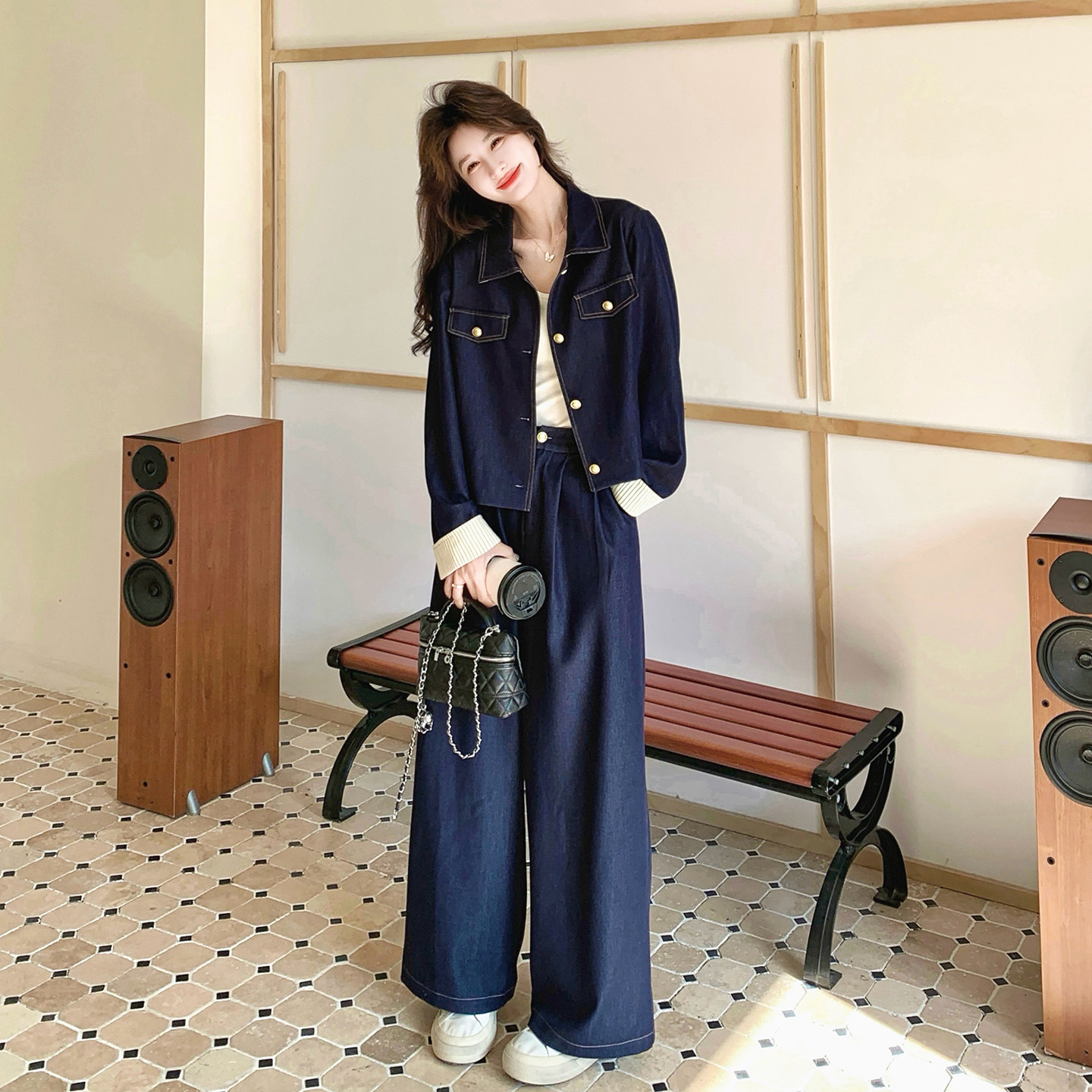【上新】藏青拼接条子仿牛仔裤子两件套2C079-2615-p180-k288,女装套装/套裙,2C079