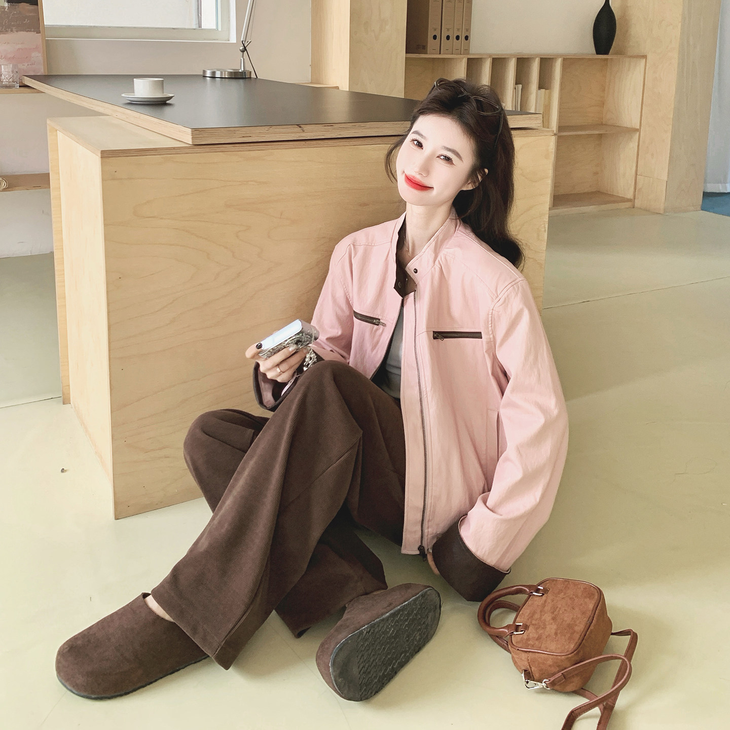 【上新！】粉色拼接咖色皮衣2C079-2619-p155-k248,女装皮衣,2C079